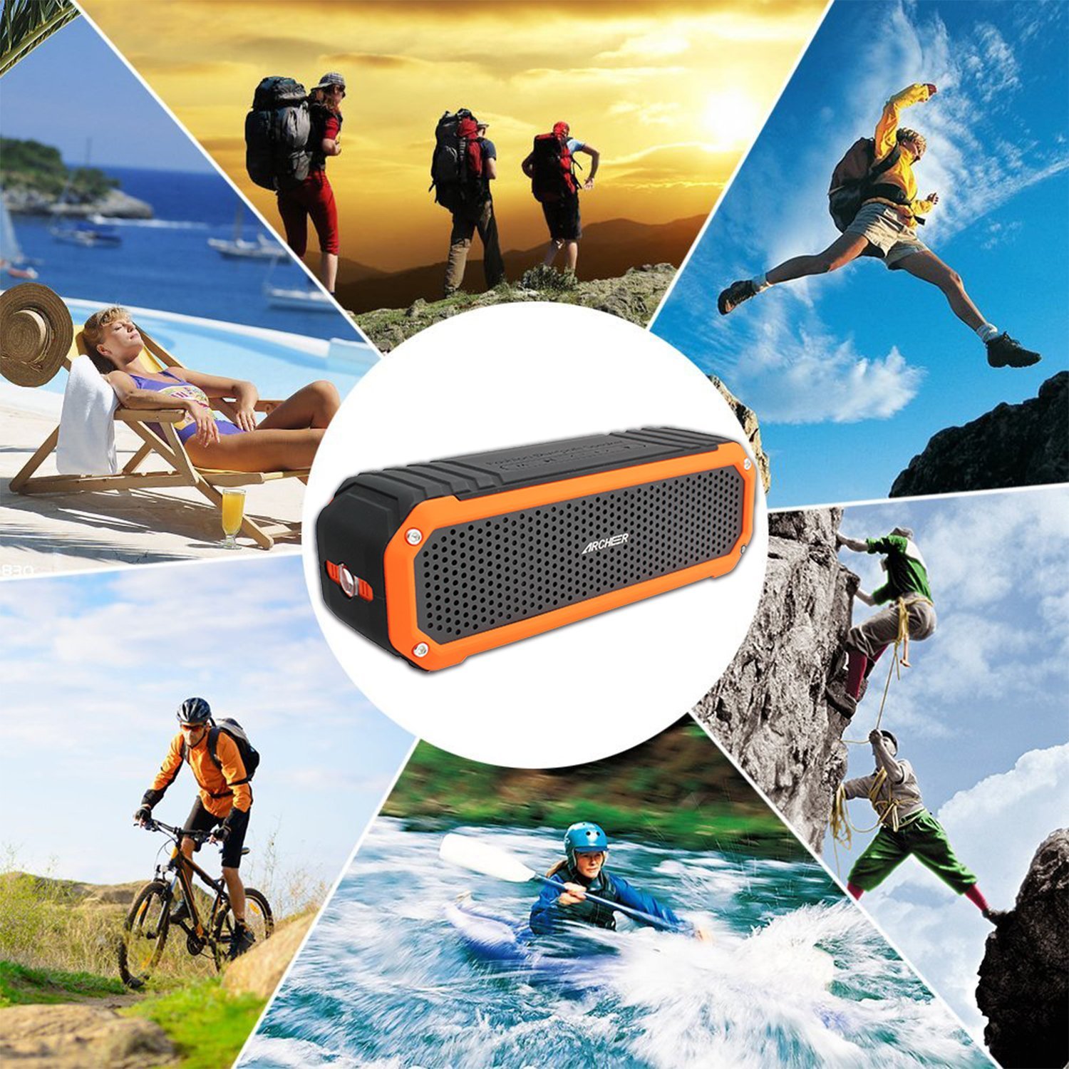 Archeer Portable Outdoor Bluetooth Speakers with Bass, Flashlight, 12 Hour Playtime 10W Drivers, A226 Black&Orange