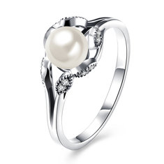 YUEYIN S925 Sterling Silver Eye Shaped Zircon Artificial Pearl Engagement Ring